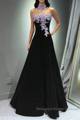 A-Line Black Velvet Long Party Dress With Lace Applique, Black Velvet Semi Formal Prom Dress